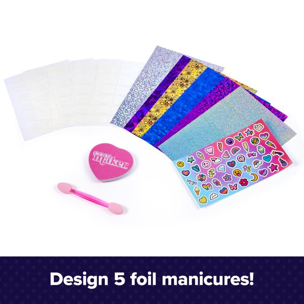 Set of nail foil designs with a pink tool and heart-shaped container on a white background