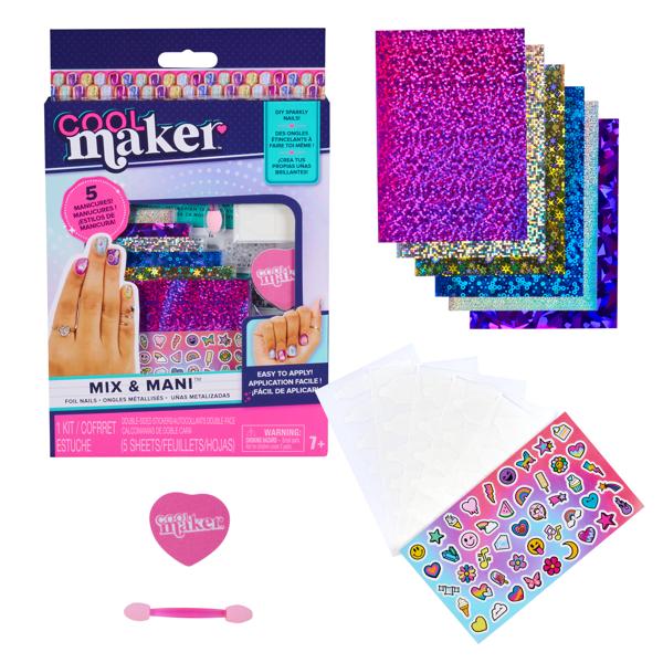 Cool Maker nail art kit with packaging, glitter sheets, and a colorful sticker sheet on a white background.
