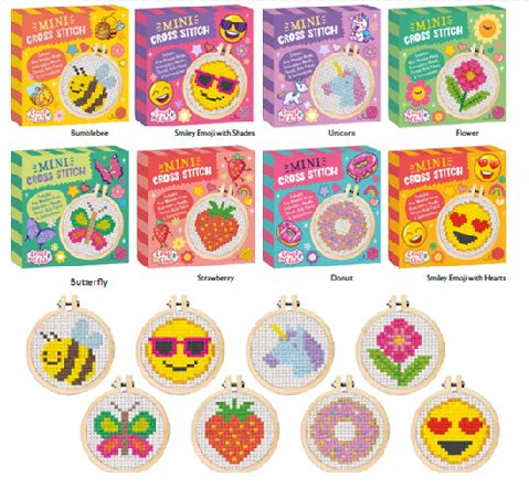 Collection of mini cross-stitch kits with various designs and corresponding embroidery hoops.