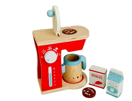 Wooden toy coffee maker with accessories on a white background