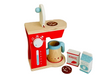 Wooden toy coffee maker with accessories on a white background