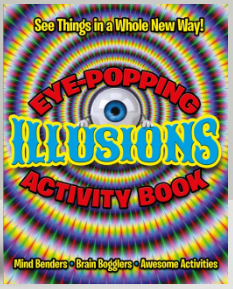 Cover of 'Eye-Popping Illusions Activity Book' with a colorful design and text.
