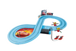 Toy race track set with cars on a white background