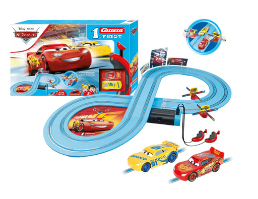 Toy car track set with cars and packaging featuring Disney/Pixar branding on a white background.