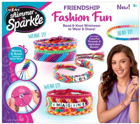 Cra-Z-Art Shimmer 'n Sparkle friendship fashion fun kit packaging with colorful bracelets and a girl wearing one.