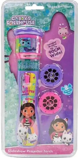 Slideshow Projector Torch packaging with characters and text on a purple background