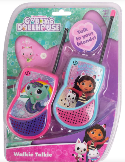 Packaged walkie talkies with Gabby's Dollhouse branding and characters on a colorful background.