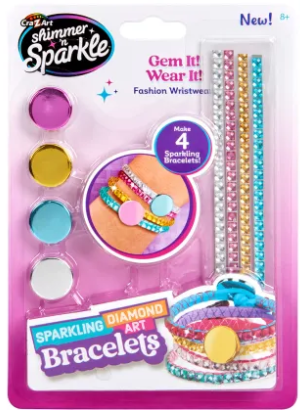 Packaged craft kit for making sparkling art bracelets with colorful gemstones and wristbands.
