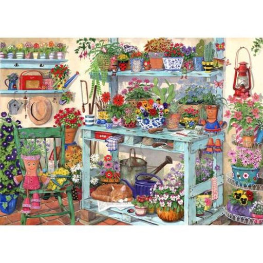 Colorful garden shed filled with plants, tools, and decorative items.