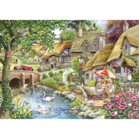 Illustration of a quaint village with thatched cottages, a pond, and swans.