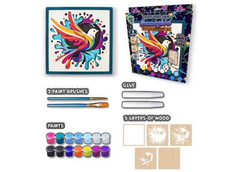 Artistic craft kit with paint, brushes, and wooden panels on a white background