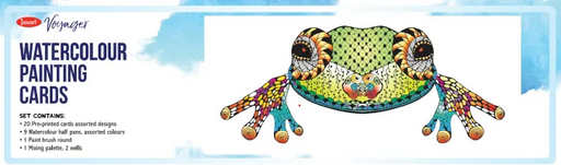 Watercolour painting cards with a colorful frog design on a blue background