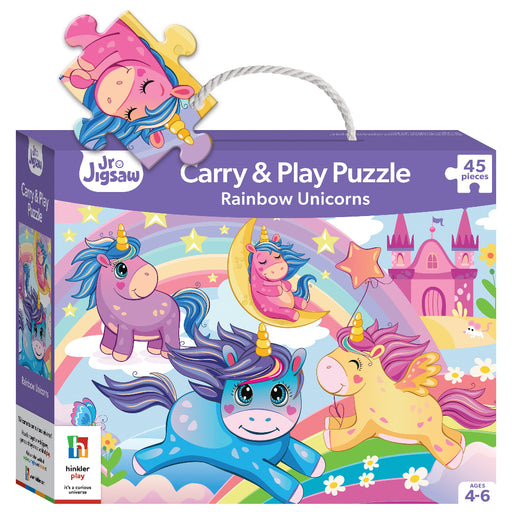 Jr Jigsaw Carry & Play Puzzle packaging with rainbow unicorns design