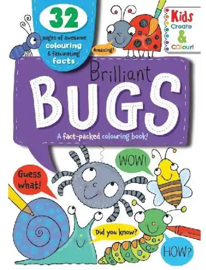 Coloring book cover titled 'Brilliant Bugs' with cartoon bugs and text on a purple background.