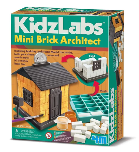 Box of KidzLabs Mini Brick Architect toy set with building blocks and tools on a white background