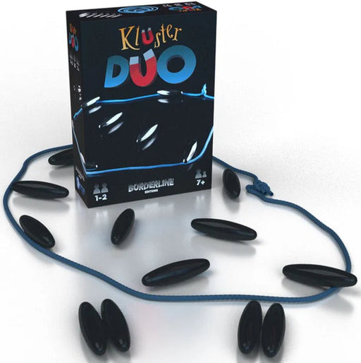 Board game components including a box labeled 'Kluster Duo' with black game pieces and blue strings on a white background.