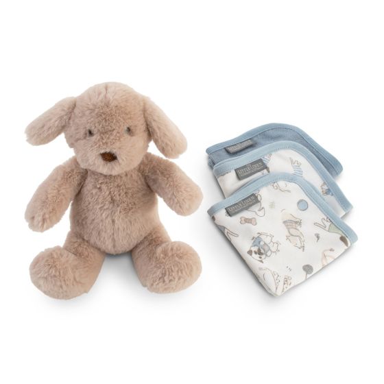 Plush dog toy next to three patterned pouches on a white background
