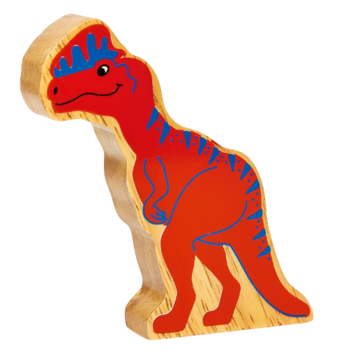 Wooden dinosaur toy with red body and blue accents on a white background