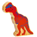 Wooden dinosaur toy with red body and blue accents on a white background
