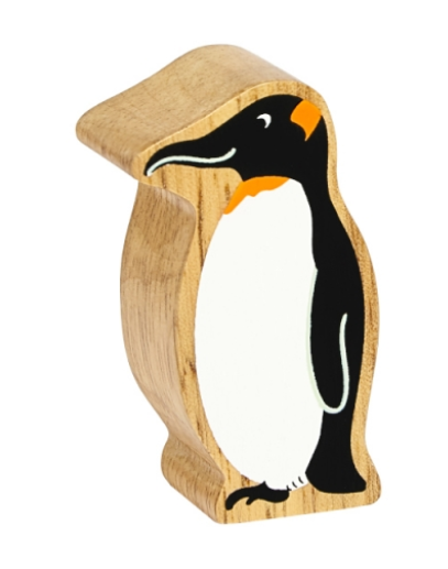 Wooden penguin toy figure on a white background