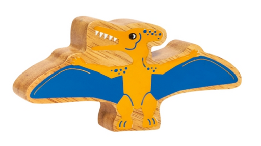 Wooden toy pterodactyl with orange body and blue wings on a white background