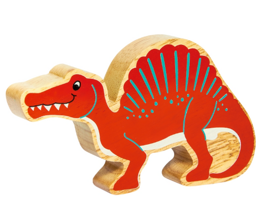 Wooden toy dinosaur with red body and blue spines on a white background