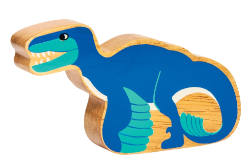 Wooden toy dinosaur with blue body and brown outline on a white background