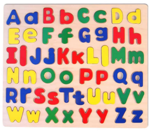 Colorful wooden alphabet puzzle on a white background
