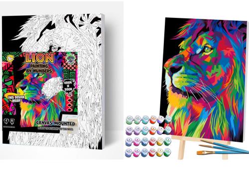 Colorful lion painting by numbers set with packaging and paint bottles on a white background