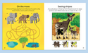 Educational children's book page with maze and puzzle activities featuring animals.