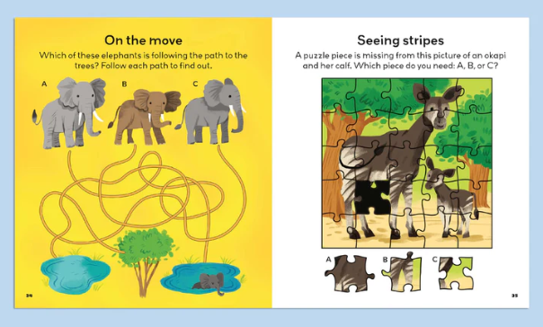 Educational children's book page with maze and puzzle activities featuring animals.