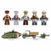 Set of toy figures and vehicles on a white background