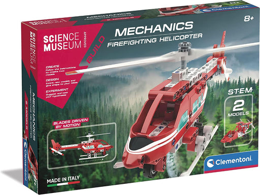 Boxed Clementoni mechanics firefighting helicopter toy set with branding and product details.