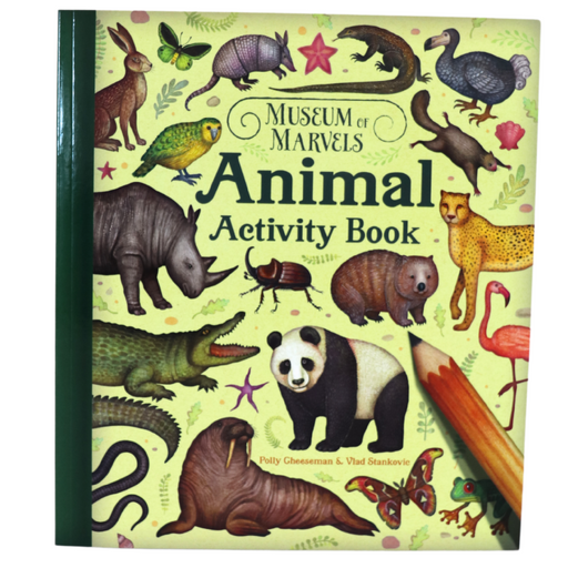 Animal Activity Book with illustrations of various animals on a green background