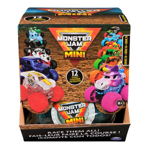 Monster Jam Mini toy truck set packaging with multiple trucks and colorful design.