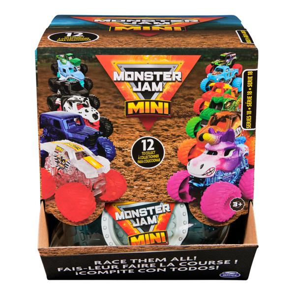 Monster Jam Mini toy truck set packaging with multiple trucks and colorful design.