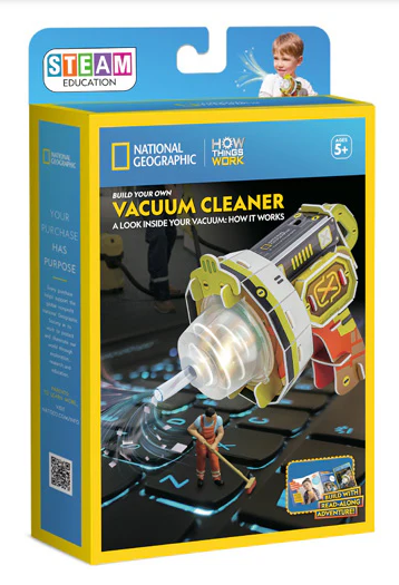 Educational toy packaging for a vacuum cleaner model, featuring National Geographic branding.