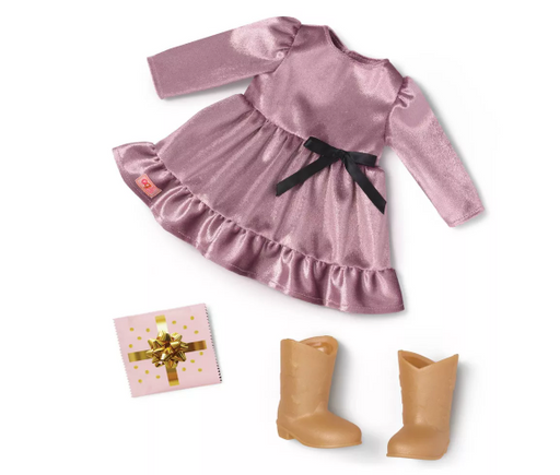 Pink dress with ruffles, brown boots, and a gift box on a white background
