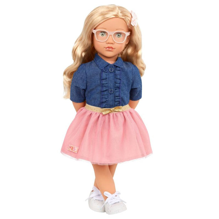 Doll with blonde hair, glasses, blue denim shirt, and pink skirt on a white background