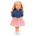 Doll with blonde hair, glasses, blue denim shirt, and pink skirt on a white background