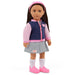 Doll wearing a pink and navy jacket with a gray skirt on a white background