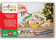 Paint & Create holiday scene painting kit with wooden board and paintbrushes on a white background