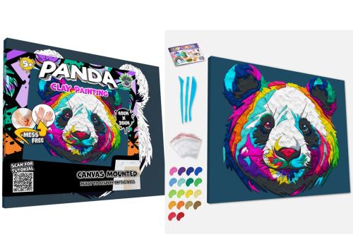 Colorful panda clay painting kit with packaging and supplies on a white background