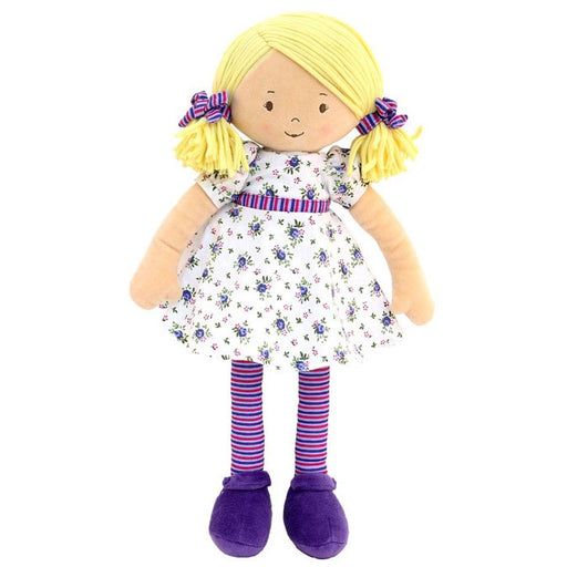 Plush doll with blonde hair, floral dress, and striped socks on a white background