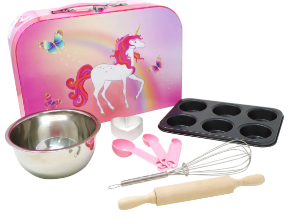 Children's baking set with pink unicorn-themed tin, mixing bowl, measuring cups, whisk, and rolling pin on a white background.