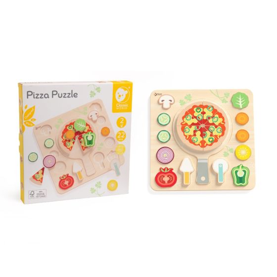 Wooden pizza puzzle with pieces and packaging on a white background