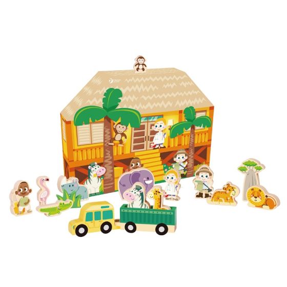 Toy set with a hut, animals, and a truck on a white background