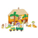 Toy set with a hut, animals, and a truck on a white background