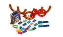 Set of colorful game pieces with a wooden rack on a white background