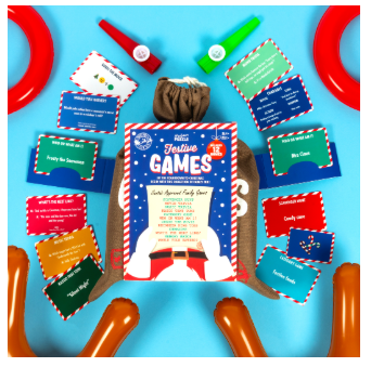Set of festive party games with cards and props on a blue background
